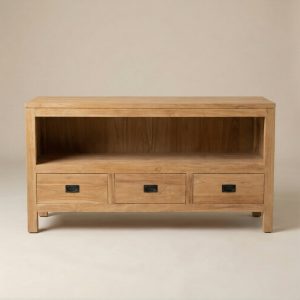 Frontale studiofoto van teak badkamermeubel Bumi met drie lades en open vak.