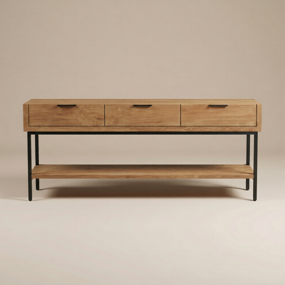 Frontale studiofoto van teak wandtafel Selaras 180 cm met drie lades en onderplank