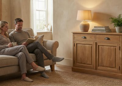 Koppel leest samen op beige bank naast teak dressoir Senja 2 deur met lamp en boeken.