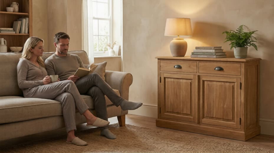 Koppel leest samen op beige bank naast teak dressoir Senja 2 deur met lamp en boeken.