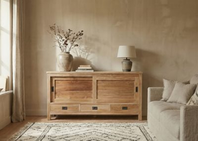 Teak dressoir Bumi Low 150 cm met decoratieve vaas, lamp en vloerkleed in lichte woonkamer