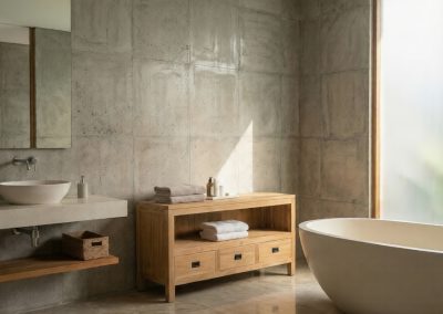 Luxe badkamer met vrijstaand ovaal bad, beton-look wand en teak badkamermeubel Bumi met dubbele wastafels.