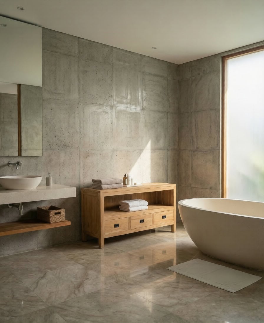 Luxe badkamer met vrijstaand ovaal bad, beton-look wand en teak badkamermeubel Bumi met dubbele wastafels.