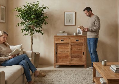 Vrouw leest op bank terwijl man bij teak dressoir Bumi 100 cm staat; woonkamer met plant en salontafel.