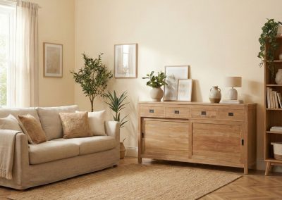 Lichte woonkamer met bank, jute vloerkleed en teak dressoir Bumi 200 cm met decoraties en planten.