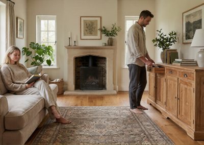 Koppel in woonkamer met open haard; vrouw leest op bank terwijl man decoratieve items op teak dressoir Senja 4 deur plaatst.