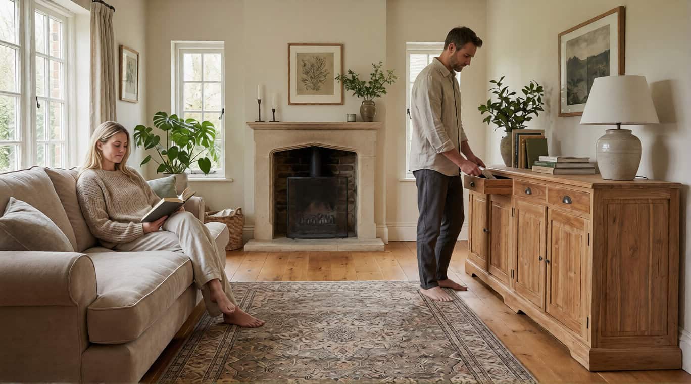 Koppel in woonkamer met open haard; vrouw leest op bank terwijl man decoratieve items op teak dressoir Senja 4 deur plaatst.