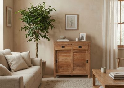 Lichte woonkamer met bank, vloerkleed en teak dressoir Bumi 100 cm naast grote kamerplant.