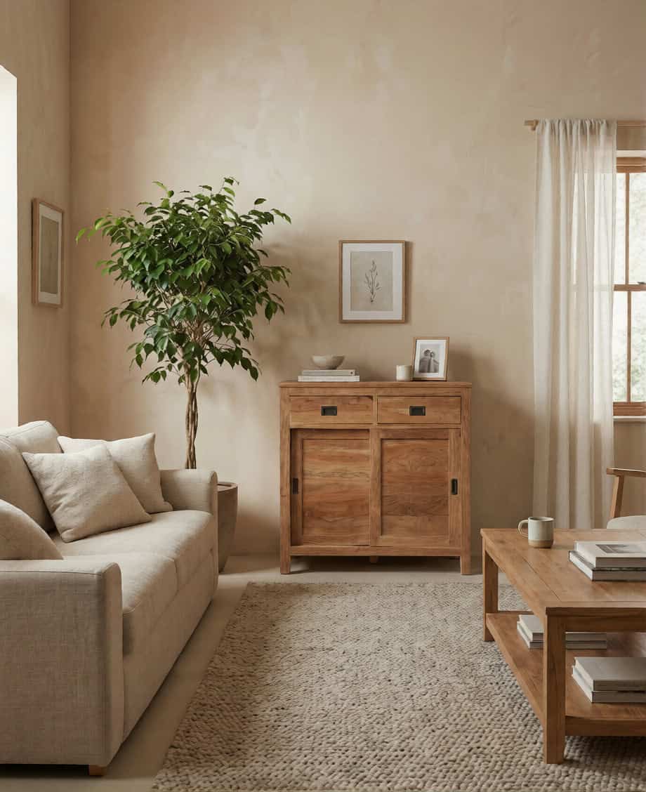 Lichte woonkamer met bank, vloerkleed en teak dressoir Bumi 100 cm naast grote kamerplant.