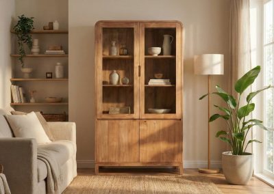 Woonkamer met teak kast Arus met glazen deuren en lades, beige bank, ingebouwde planken met decoratie, vloerlamp, plant en jute vloerkleed.