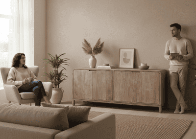 Man staat en vrouw zit op beige bank in woonkamer met teak dressoir Arus 4 deur, jute vloerkleed en decoratieve vaas.