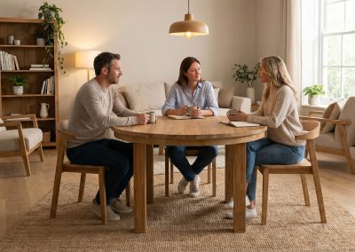 Drie mensen zitten aan ronde teak eettafel Rimba 120 cm in woonkamer, met jute vloerkleed, buffetkast en hanglamp.
