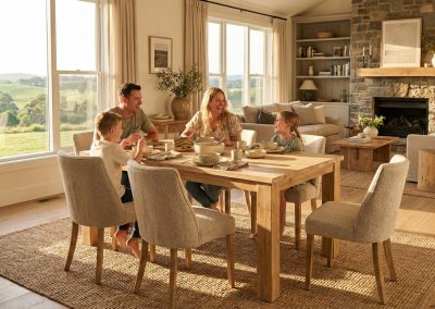 Gezin van vier eet aan rechthoekige teak tafel Rimba 140 cm in lichte eetkamer met jute vloerkleed en stenen muur.