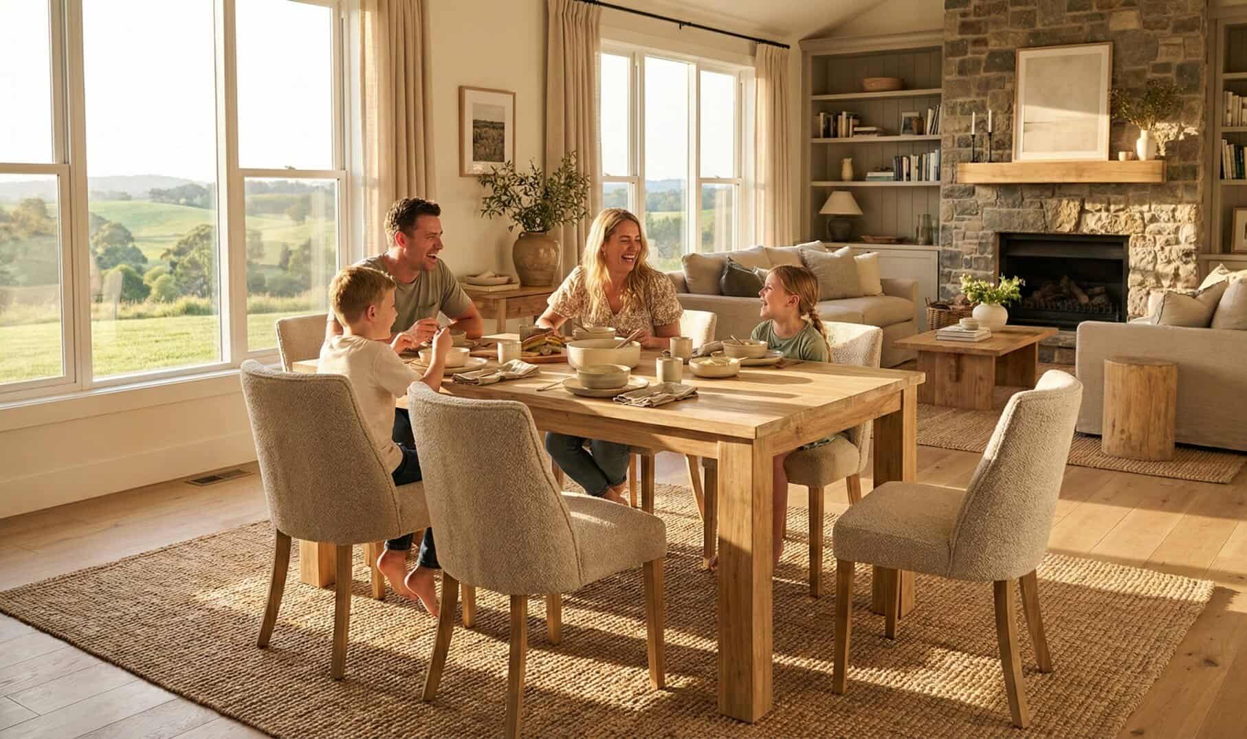 Gezin van vier eet aan rechthoekige teak tafel Rimba 140 cm in lichte eetkamer met jute vloerkleed en stenen muur.