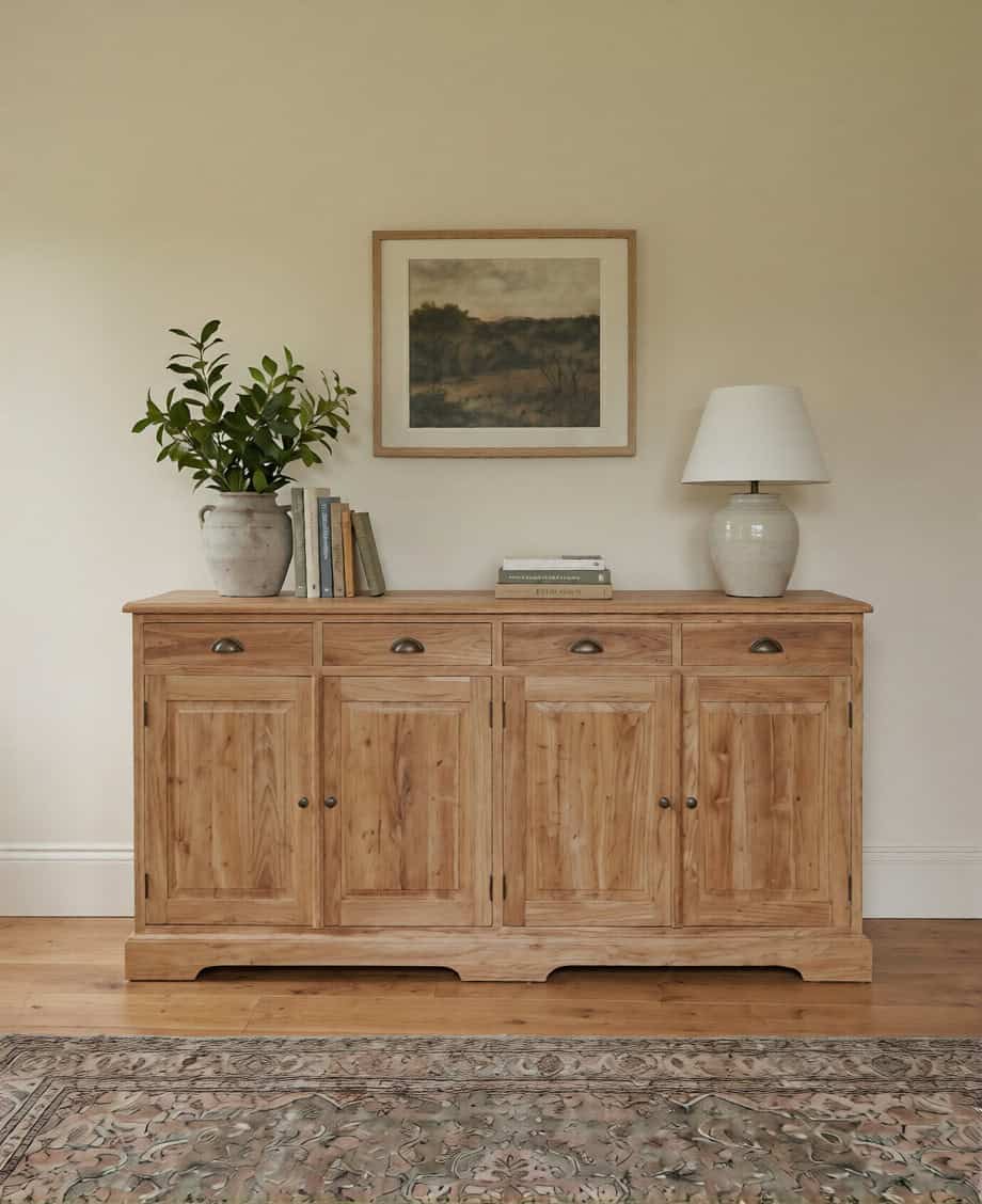 Woonkamer met teak dressoir Senja met vier deuren, decoratieve vaas en schilderij aan de muur.