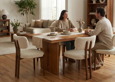 Koppel zit aan houten eettafel met teak eetkamerstoelen Sandar met bouclé bekleding in woonkamer, met beige bank en planten.