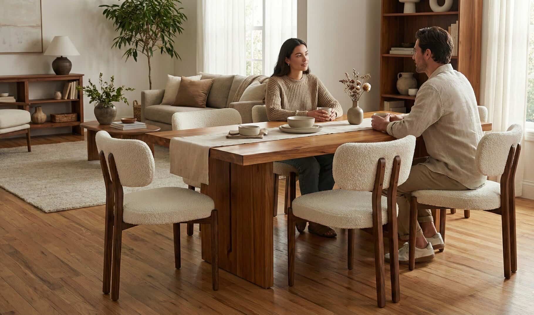 Koppel zit aan houten eettafel met teak eetkamerstoelen Sandar met bouclé bekleding in woonkamer, met beige bank en planten.