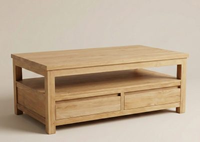 Frontale studiofoto van teak salontafel Rimba met twee lades en open plank onder het tafelblad.