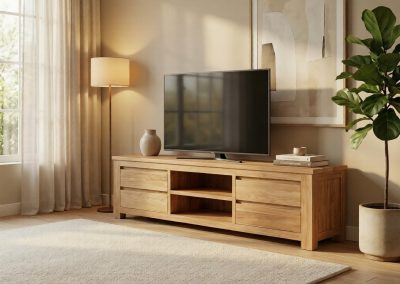 Woonkamer met vloerkleed, kamerplant en teak tv kast Rimba 200 cm waarop televisie staat.