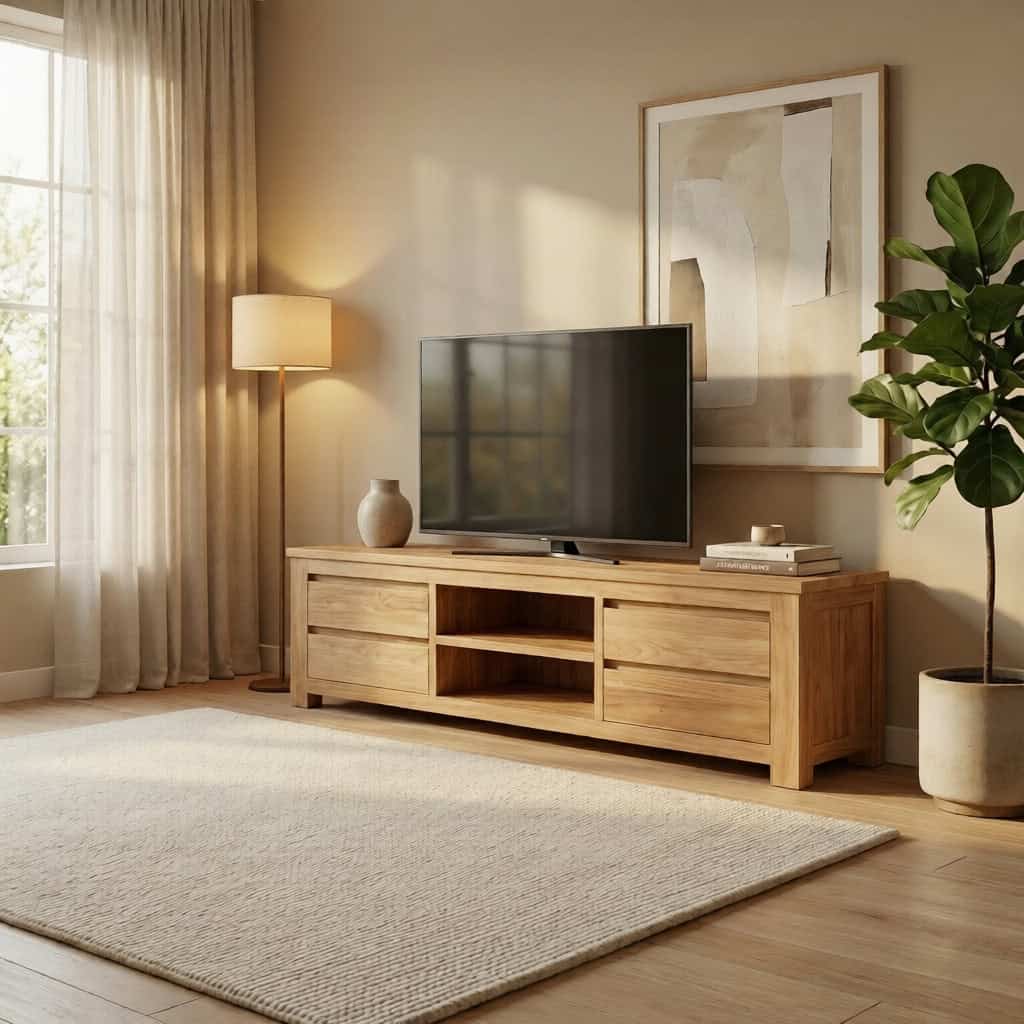 Woonkamer met vloerkleed, kamerplant en teak tv kast Rimba 200 cm waarop televisie staat.