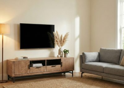 Woonkamer met teak tv dressoir Selaras, hangende televisie, grijze bank en vloerkleed