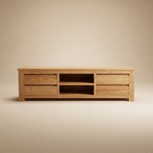 Frontale studiofoto van teak tv kast Rimba 125 cm met open vak en lades.