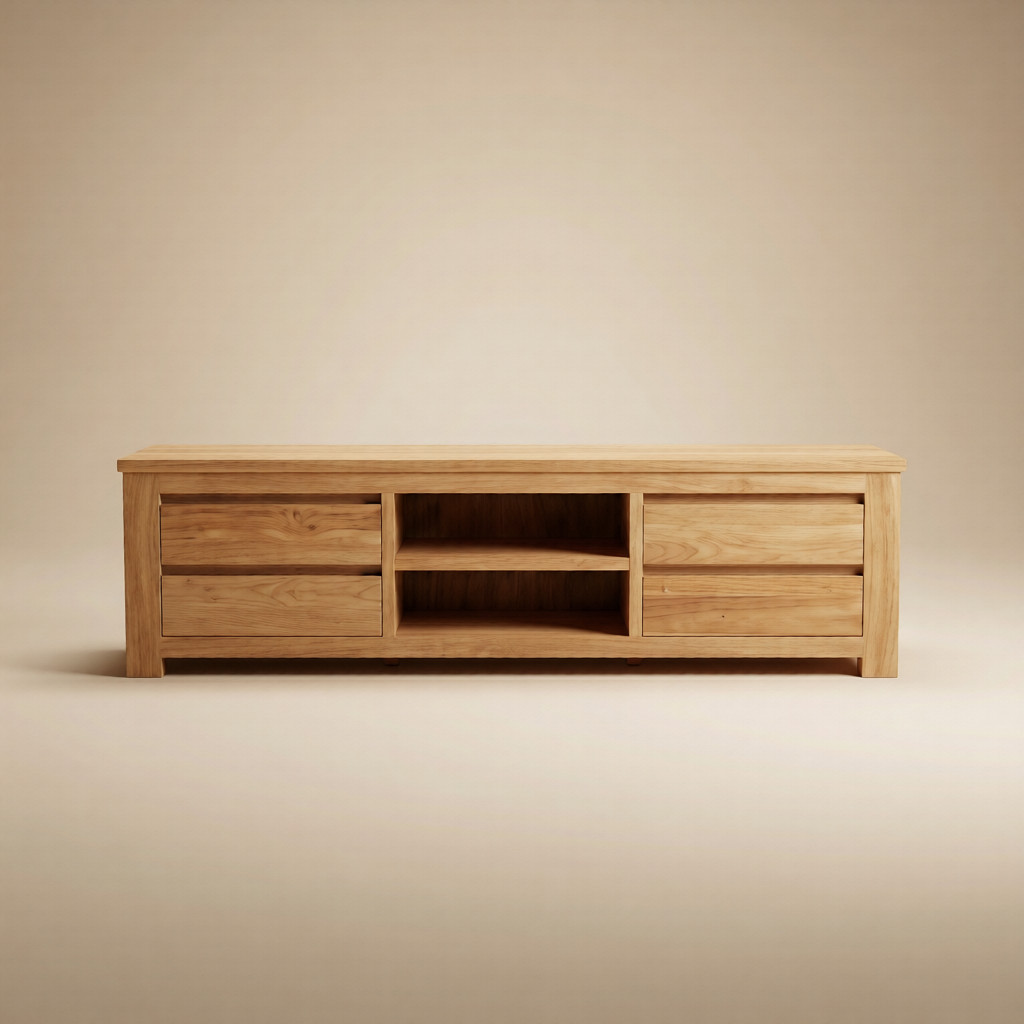 Frontale studiofoto van teak tv kast Rimba 125 cm met open vak en lades.