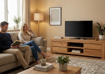 Koppel op bank kijkt televisie met teak tv kast Rimba 125 cm, salontafel en kamerplant in woonkamer.