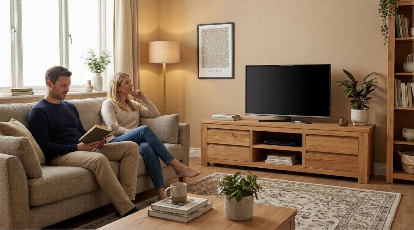 Koppel op bank kijkt televisie met teak tv kast Rimba 125 cm, salontafel en kamerplant in woonkamer.