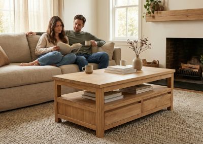 Koppel zit op beige bank en leest in woonkamer met jute vloerkleed, voor teak salontafel Rimba met lades en planken, met boeken en koffie, open haard op de achtergrond.