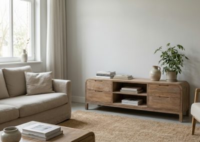 Woonkamer met beige bank, jute vloerkleed en teak tv dressoir Arus met lades en open vakken, decoratieve plant en stapels boeken.