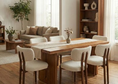 Eetkamer met teak eettafel en vier eetkamerstoelen Sandar met bouclé bekleding, met beige bank en planten.