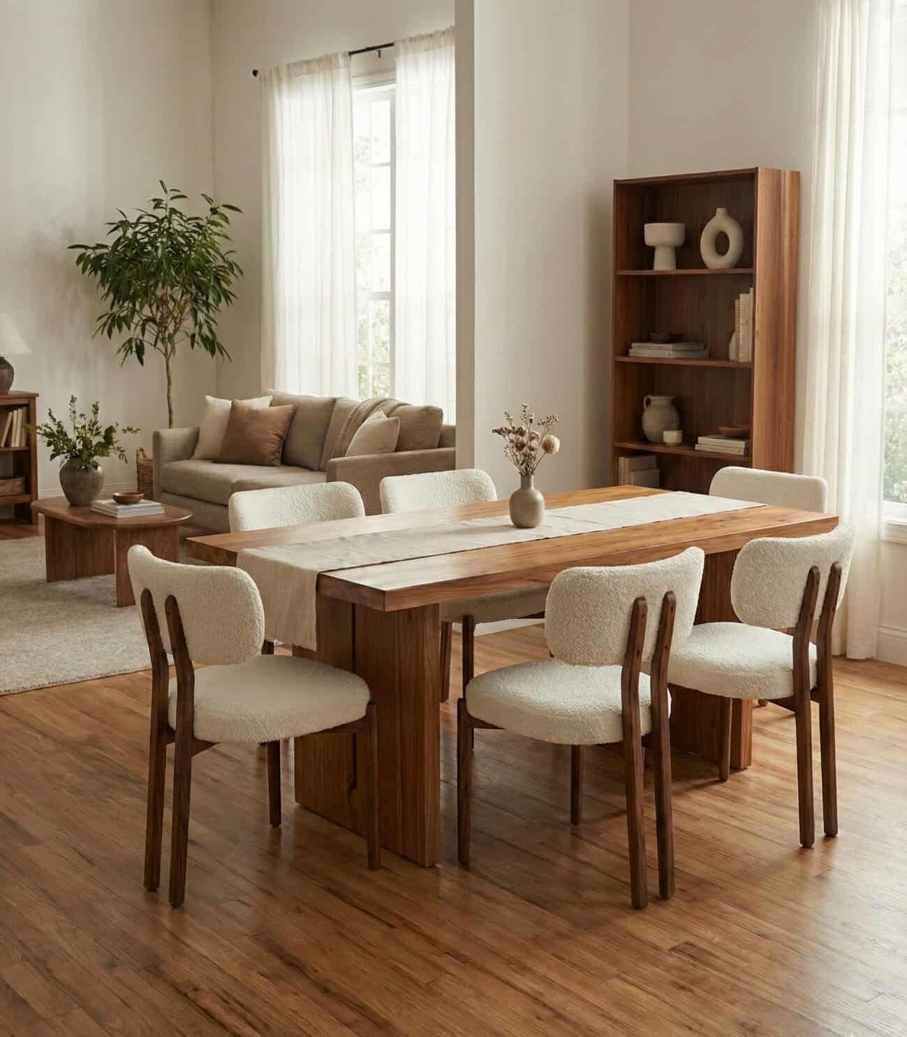 Eetkamer met teak eettafel en vier eetkamerstoelen Sandar met bouclé bekleding, met beige bank en planten.