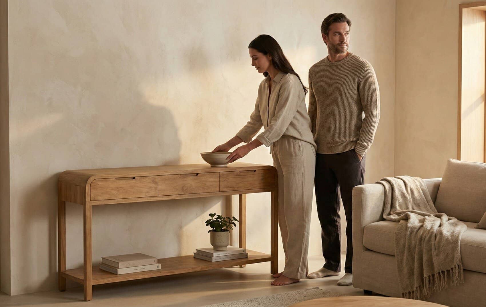 Koppel in woonkamer bij teak wandtafel Arus; vrouw legt schaal neer op de tafel met lade en plank, man staat ernaast, beige bank en vloerkleed.
