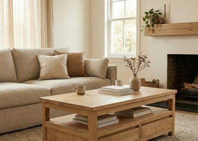 Woonkamer met beige bank en jute vloerkleed, teak salontafel Rimba met lades en planken, decoratieve vaas en boeken op tafel voor open haard.