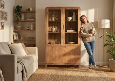 Teak Lifestyle Vrouw leunt tegen teak kast Arus met glazen deuren en onderkasten in woonkamer; beige bank, jute vloerkleed, planten en wandplank met decoratie.