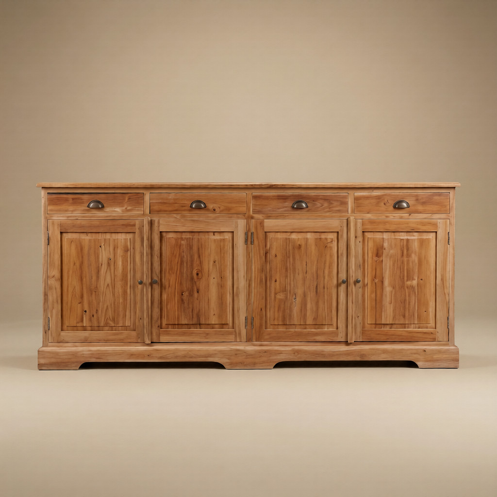 Frontale studiofoto van teak dressoir Senja met vier deuren en laden.