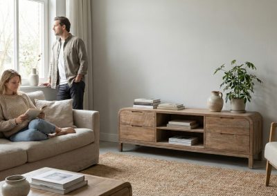 Woonkamer met man en vrouw; teak tv dressoir Arus met open vakken en lades, beige bank, jute vloerkleed en grote plant bij tv-meubel.