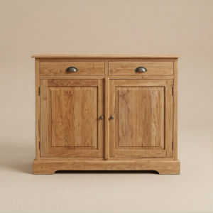 Frontale studiofoto van teak dressoir Senja 2 deur met twee lades en twee deuren.