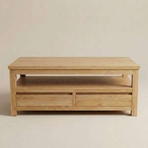 Studiofoto van teak salontafel Rimba met vooraanzicht, twee ruime lades en open plank onder het tafelblad.