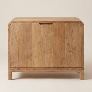 Studiofoto vooraanzicht van teak dressoir Arus 2 deur met afgeronde hoeken, op neutrale achtergrond.