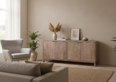 Woonkamer met teak dressoir Arus 4 deur met afgeronde hoeken, beige bank, jute vloerkleed en grote vaas met siergras.