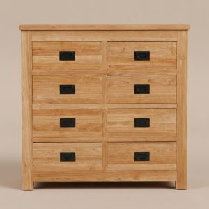 Frontale studiofoto van teak ladekast Bumi met acht lades en zwarte handgrepen.