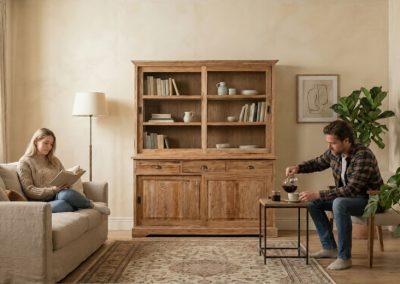 Woonkamer met teak kast Senja met open planken en lades, vrouw leest op beige bank terwijl man drank inschenkt bij salontafel.