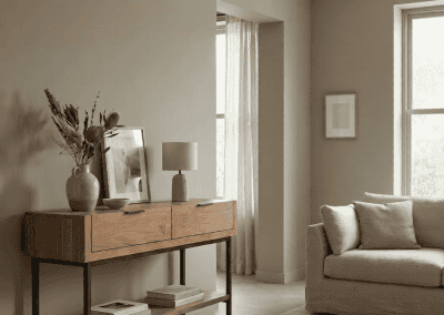 Teak wandtafel Selaras 120 cm met vazen en beige bank in lichte woonkamer