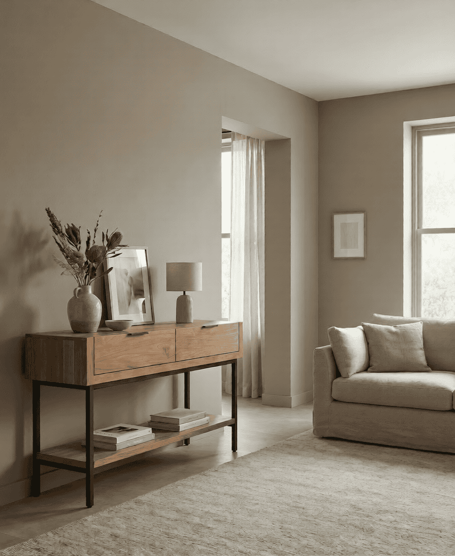 Teak wandtafel Selaras 120 cm met vazen en beige bank in lichte woonkamer