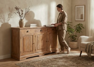 Man in woonkamer met teak dressoir Senja 3 deur naast beige bank, vloerkleed en planten.