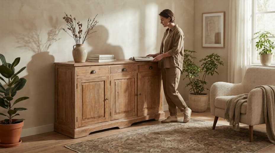 Man in woonkamer met teak dressoir Senja 3 deur naast beige bank, vloerkleed en planten.