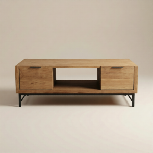 Frontaal beeld van teak salontafel Selaras met opbergvak