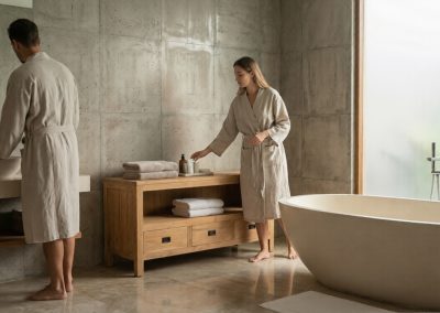 Man en vrouw in badjas bij teak badkamermeubel Bumi in luxe badkamer met vrijstaand bad